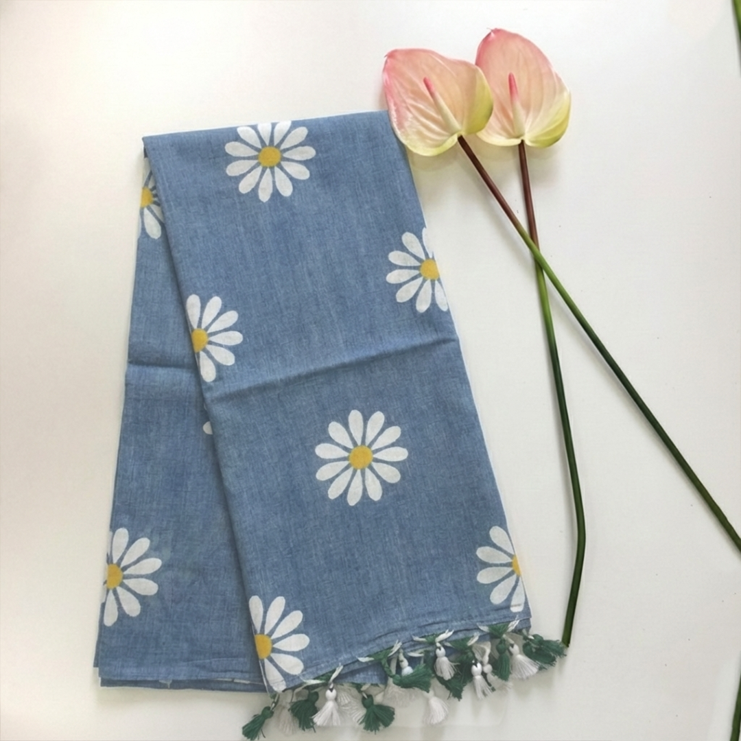 Premium Khadi Sunflower Saree - Denim Blue
