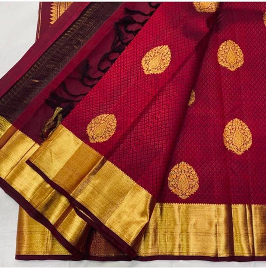 Lassitude Maroon Soft Banarasi Silk Saree With Lissome Blouse Piece