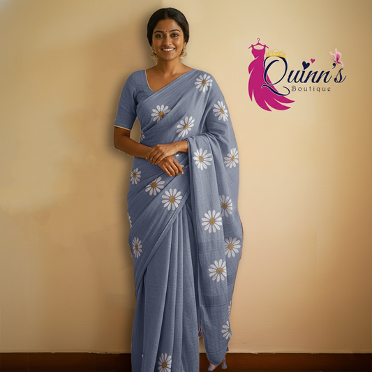 Premium  Khadi Sunflower Saree - Denim Blue